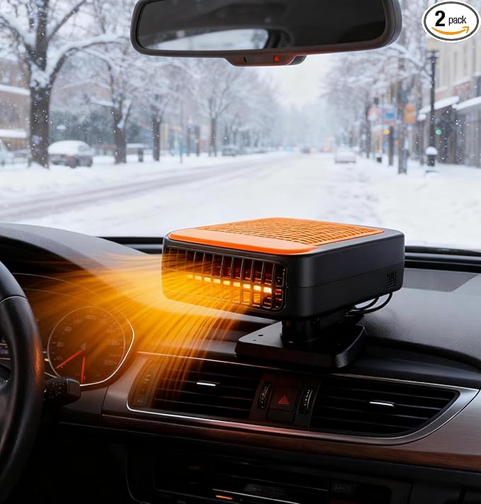12V Portable 2-in-1 Car Heater & Cooler, 360° Rotatable Windshield Defroster with 1pc Glass Oil Film Cleaning Brush, Fast Heating/Cooling for Car & Home