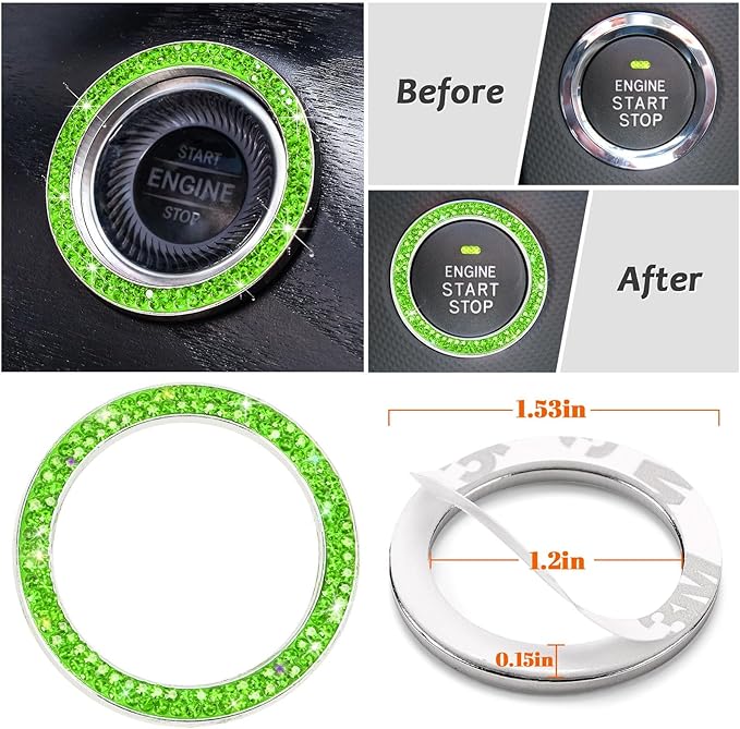 Steering Wheel Cover for Women 15 inch Set of 7,Crystal Diamond Rhinestone Green Bling Car Accessories,Seat Belt Cover,Gear Shift Cover,Push Start Bling Ring,Cup Coaster,Grass Green