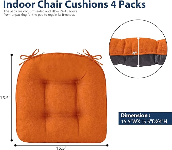 IASEAHK Chair Cushions for Dining Chairs, Seat Cushions for Kitchen Chairs, Indoor Seat Cushions with Ties, Tufted Foam Chair Pads, Non Slip Chair Cushions Set of 6, 15.5" x 15.5" x 4", Orange