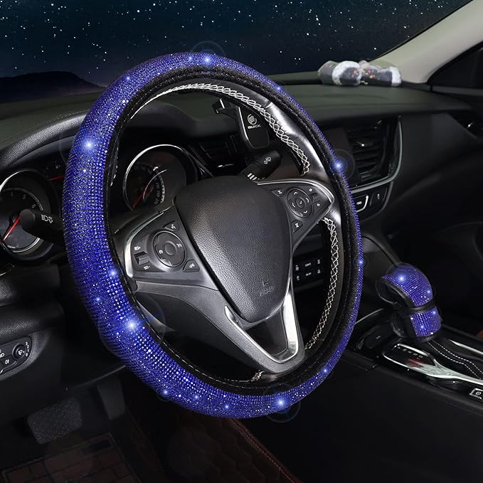 7 Pack Bling Car Accessories Set for Women Girl,Blue Diamond Steering Wheel Cover Set 15 inch,Seat Belt Pad,Stick Shift Cover,Push Start Button Bling Ring,Car Coasters, Blue