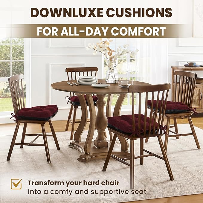 downluxe Indoor Chair Cushions for Dining Chairs, Tufted Overstuffed Textured Kitchen Chair Pads with Ties and Non-Slip Backing, 15.5" x 15.5" x 4", Burgundy, 4 Pack