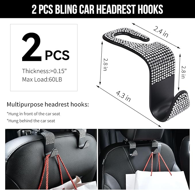 CAR PASS 34 PCS Bling Diamond Car Accessories Set for Women, Leather Car Seat Covers Steering Wheel Covers 15'', USB Charger Phone Holder Shining Rhinestone Sparkly, Cute Interior Decorations, Silver
