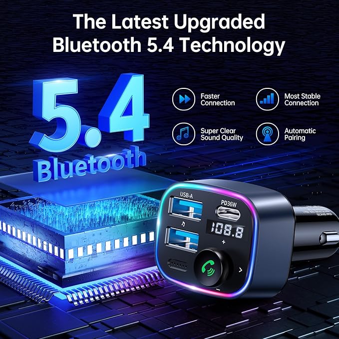 Syncwire Bluetooth 5.4 FM Transmitter Car Adapter 48W(PD 36W & 12W) [Light Switch] [Hi-Fi Deep Bass] [Fast Charging] Wireless Radio Music Adapter LED Display Hands-Free Calling Support USB Drive