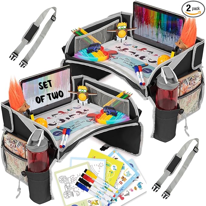 PILLANI Kids Travel Tray for Car - Carseat Tray w/iPad Holder & Dry Erase Board, Road Trip Essentials - Toddler Lap Desk Organizer for Airplane - Roadtrip Activities & Travel Essentials - Pack of 2