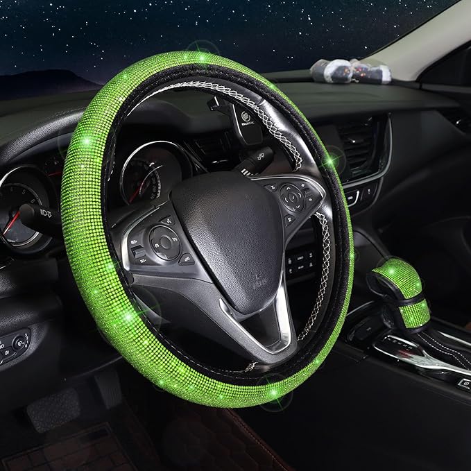 Steering Wheel Cover for Women 15 inch Set of 7,Crystal Diamond Rhinestone Green Bling Car Accessories,Seat Belt Cover,Gear Shift Cover,Push Start Bling Ring,Cup Coaster,Grass Green