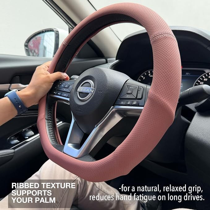 PINCTROT D Shaped Nappa Leather Steering Wheel Cover with Ergonomic Palm Support Grip, Full Perforated Breathable, Slim Fit No Bulk Design, Flat Bottom 14.5-15 Inch (Maple Brown)