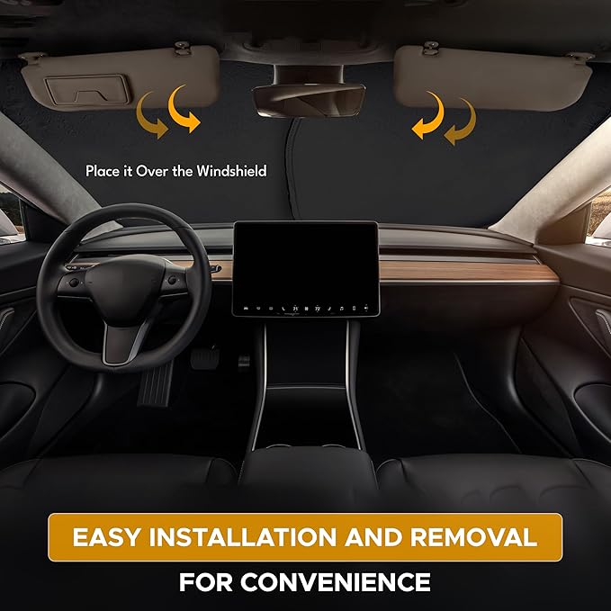 EcoNour Two-Piece Foldable Front Windshield Sun Shade for Tesla Model 3 & Y 2017–2026, 240T Reflective UV & Heat Protection, Storage Pouch Included, Custom Fit with Upgraded Design