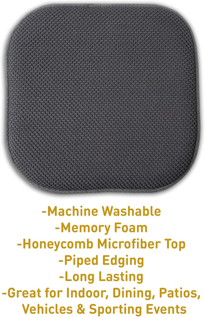 Sweet Home Collection Memory Foam Honeycomb Nonslip Back 16" x 16" Chair/Seat Cushion Pad, 2 Pack, Charcoal Gray