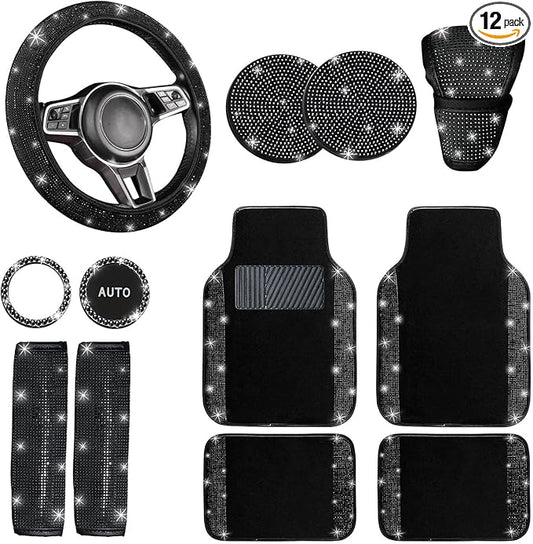 NBTEPEM 12 Pcs Bling Car Accessories Set for Women Car Floor Mats Full Set Steering Wheel Cover Seat Belt Covers Coasters Universal Fit Car SUV Truck Van Black