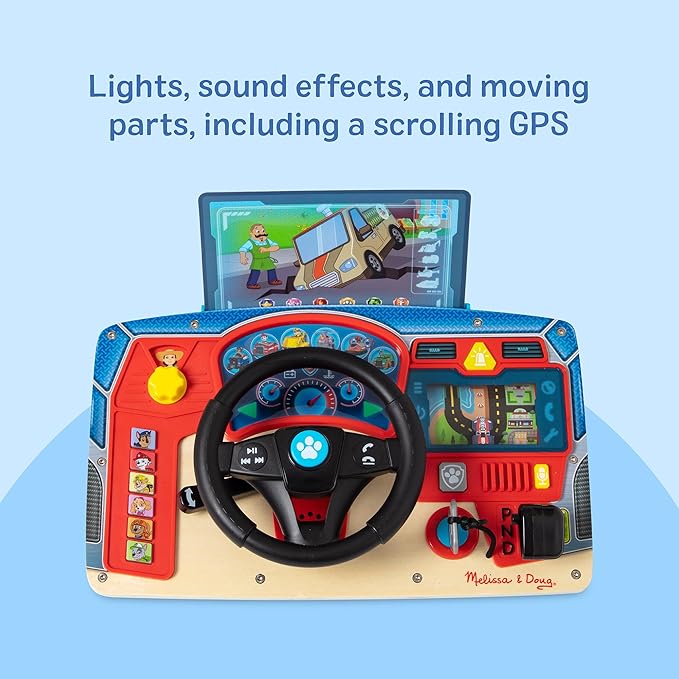 Melissa & Doug PAW Patrol Rescue Mission Wooden Dashboard – Interactive Steering Wheel Toy for Pretend Play Driving, with Lights & Sounds, PAW Patrol Toddler Toys for Kids Ages 3+