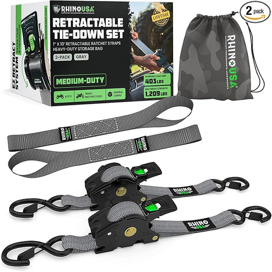 Rhino USA Retractable Ratchet Straps (2-Pack) - 1 Inch x 10 Feet (1,209lb Break Strength) - Auto Self Retracting Tie Down Straps for Truck, Cargo Trailer, Motorcycle, ATV, UTV - Gray