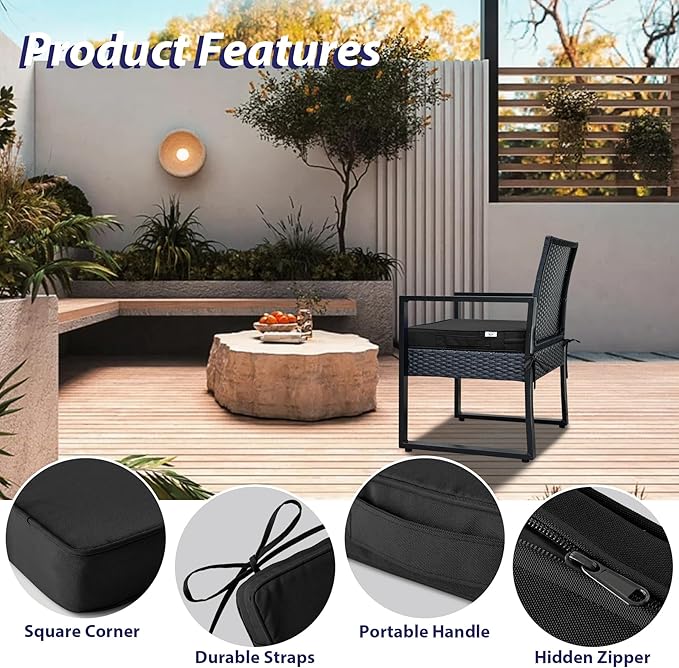 IPYNBAP Outdoor Chair Cushions Set of 4 -Waterproof Outdoor Seat Cushions for Patio Furniture, Patio Chair Cushion with Handle and Ties, Out Door Chair Pads,17x16x2-Square, Black
