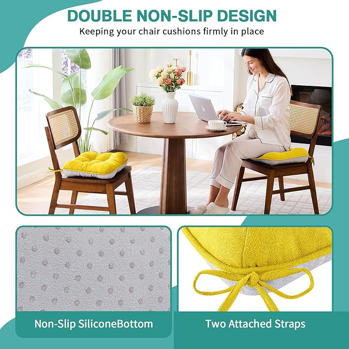 BETU Chair Cushions for Dining Chairs Set of 4,3.5" Thick Kitchen Table Chair Pads with Ties,Non Slip Backing and Covers, Seat Cushion for Dining Room,Bar,Patio Chairs,15.5"X15.5"X3.5",Gold
