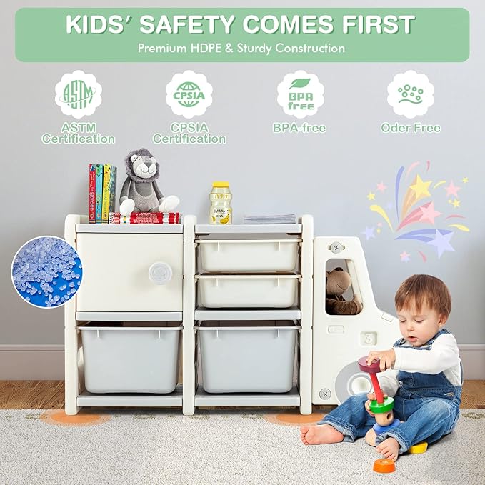 Costzon Toy Storage Organizer, Toy Shelf with with 2 Removable Toy Bins, 2 Pull-Out Drawers, Enclosed Cabinet, Kids Bookshelf, Toy Organizers and Storage for Kids Room, Playroom, Nursery (Beige)