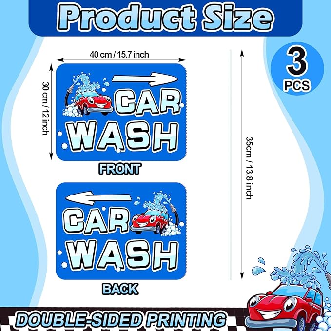Blulu 3 Pcs Car Wash Arrow Yard Signs 15.7 x 12 Inches Car Wash Sign Double Sided Yard Decoration with Stakes for Outdoor Business Advertising and Events Publicity (Blue)