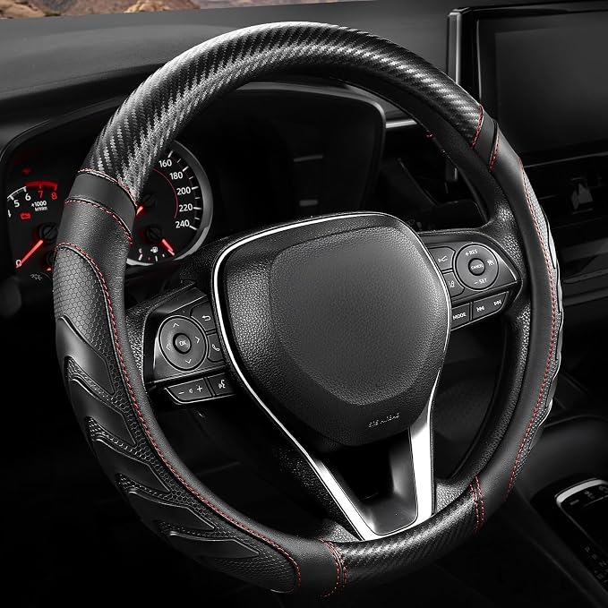West Llama Truck Steering Wheel Cover for Ford F-150 F-250 F-350 Expedition Ram 1500 2500 3500 Tacoma Tundra, Anti-Slip Grip, 15.5-16 Inch Large Car Steering Wheel Cover (Large Size-Black+Red)