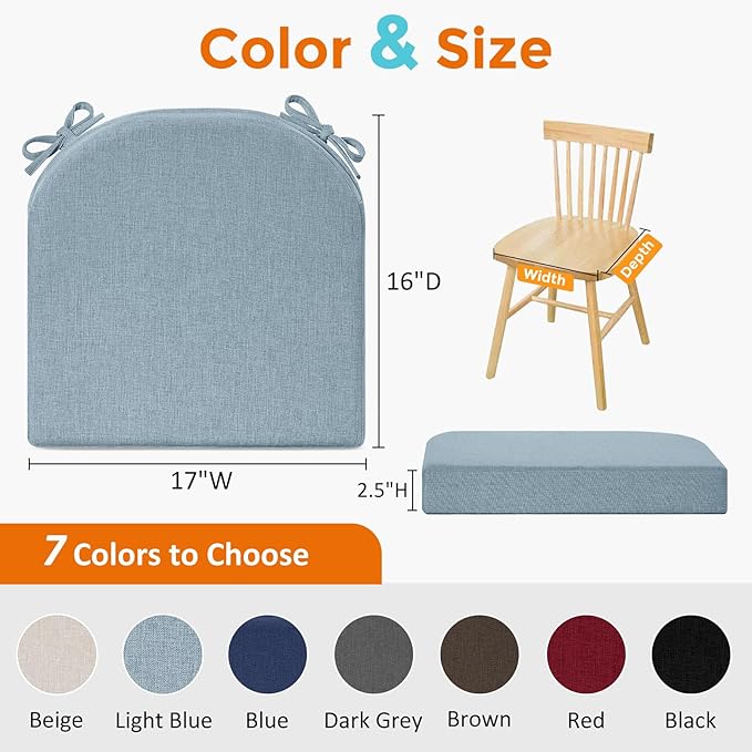 downluxe Chair Cushions for Dining Chairs, Memory Foam Linen Kitchen Chair Pads with Ties, Waterproof, Stain-Resistant and Washable Cover, 17" x 16" x 2.5", Light Blue, 4 Pack