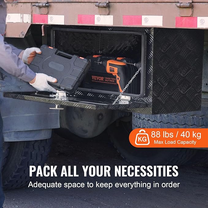 VEVOR Underbody Truck Box, 36"×14"×16" Pickup Storage Box, Heavy Duty Aluminum Diamond Plate Tool Box with Lock and Keys, Waterproof Trailer Storage Box with T-Handle Latch for Truck, Van, Trailer
