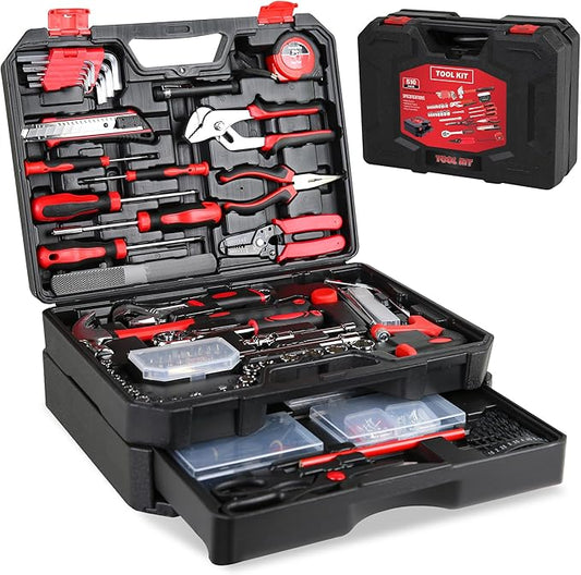 500-Piece Home Repair Tool Set with Drawer Toolbox – Comprehensive Household & Auto Maintenance Kit for DIY Enthusiasts, Homeowner, Handyman (500 PCS Black+Red)