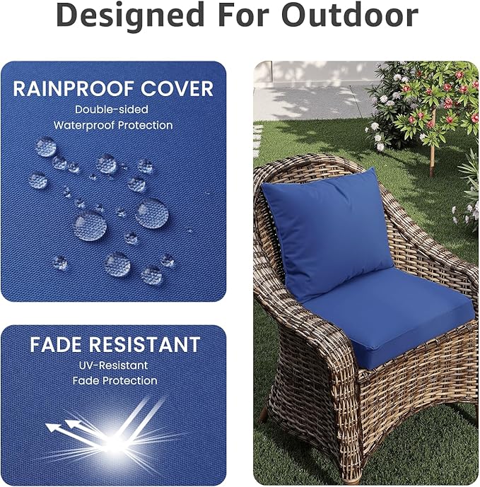 PatioGlow Outdoor Chair Cushions 18 x 18 x 3 Inch, Waterproof & Fade Resistant Patio Seat Cushion for Furniture with Handle and Ties, Thick Seating Pads for Outside Sofa Couch Set of 2, Blue