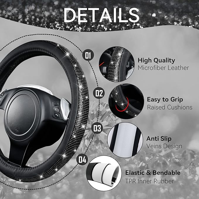 CAR PASS 11 PCS Bling Diamond Car Accessories for Women, Sparkly Rhinestone Steering Wheel Cover, Bling Seat Belt Cushion, Glitter Shift Knob Cover, Car Cup Holder Coaster, Cute Interior Sets Black