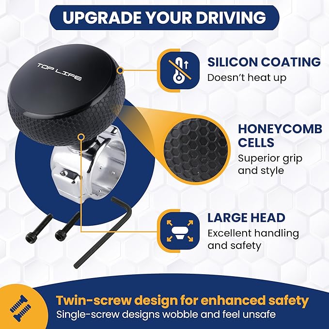 Top Life Truck Steering Wheel Knob - Silicone-Coated for Better Grip - XL Spinner for Thick Wheels - for Heavy Duty, Vans, Pickup Trucks, Semi, Sport Steering Wheels