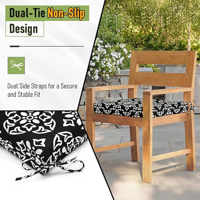 Basic Beyond Outdoor Chair Cushions Set of 4, Square Corner Outdoor Cushions for Patio Furniture, Water Resistant Patio Chair Cushions with 2 Ties, 18.5x16x3, Medallion