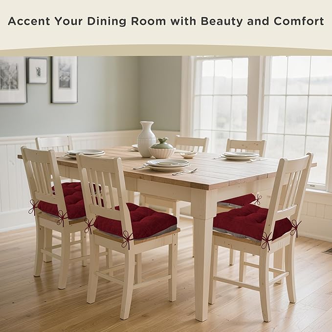 AddGrace Chair Cushions for Dining Chairs Set of 2 Kitchen Seat Cushions with Ties and Non Slip Backing Tufted Indoor Seat Pad for Kitchen Dining Room 18" x 17" x 3" Burgundy