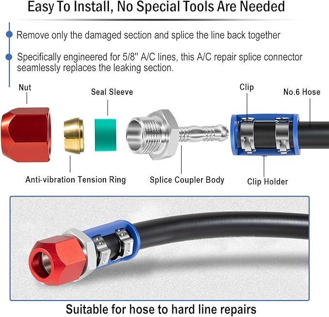 800-670 A/C Line Splice Kit for 5/8 Line With No.10 Hose, A/C Air Conditioning Repair Splice Connector, Universal Fit For 5/8'' Hose to Hard Lines Repair