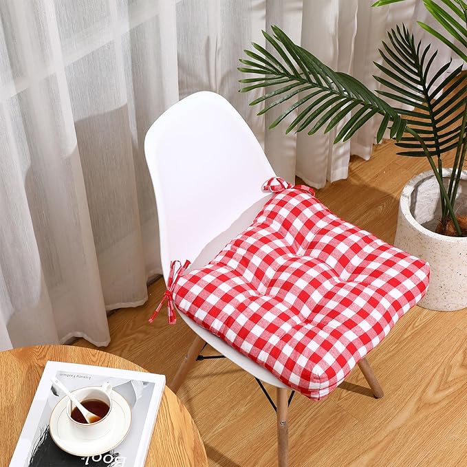 Geetery 4 Pack Chair Cushions for Dining Chairs, 16" x 15" Red and White Kitchen Chair Cushions with Ties Buffalo Plaid Soft Comfy Seat Pads for Home Office Living Room Outdoor Indoor