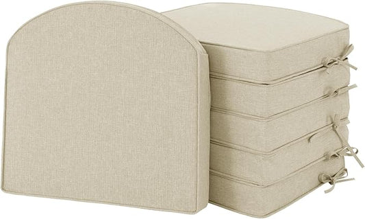 Outdoor Chair Cushions, Fade-Resistant & Water-Resistant, D Shaped Patio Furniture Seat Chair Pads Replacement with Ties, Non-Slip Bottom, Removable Cover, Set of 6, 17 x 16 Inch, Beige