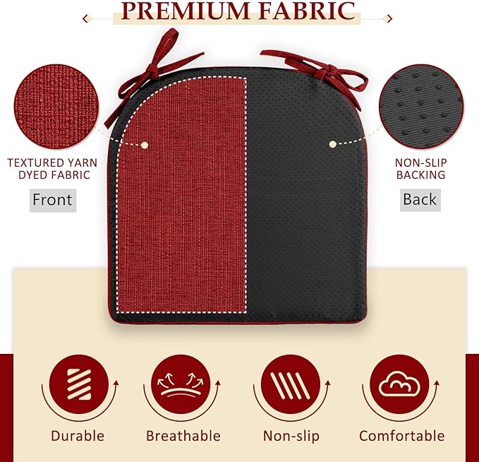 Wellsin Chair Cushions for Dining Chairs 4 Pack - Kitchen Chair Cushions with Ties and Non-Slip Backing - Dining Chair Pads 16"X16"X2", Red