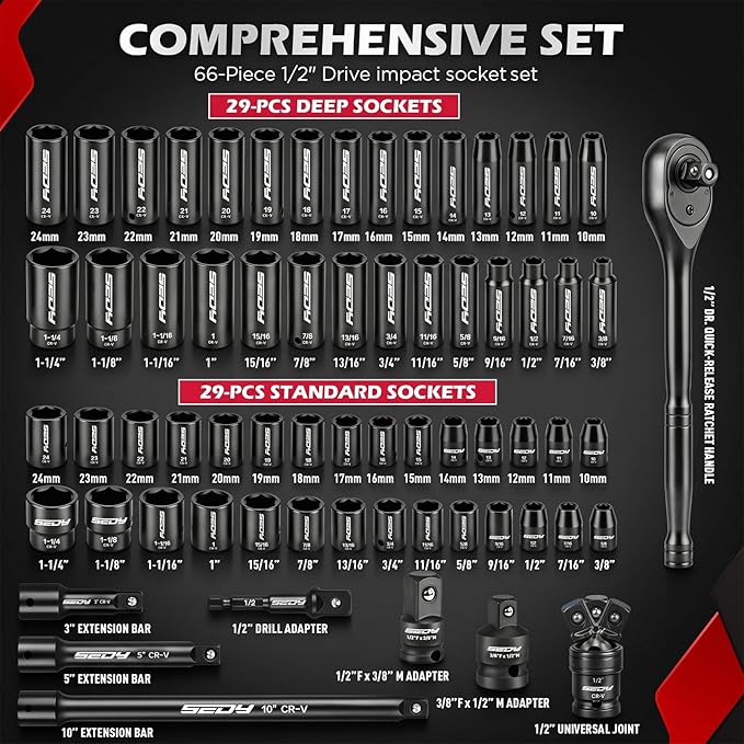 66-Piece 1/2" Drive Impact Socket Set, SAE 3/8" to 1-1/4" and Metric 10-24mm, Deep & Standard 6-Point Cr-V Sockets with Ratchet, Extension Bars, Adapters, Universal Joint, Drill Adapter, Storage Case