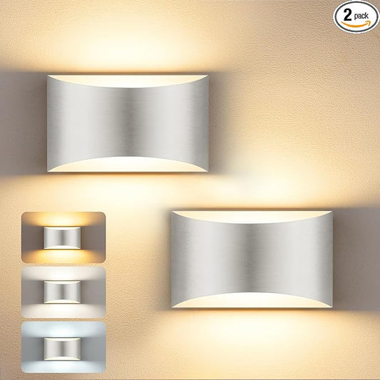 MATAMEYE Modern LED Wall Sconce Set of 2, Brushed Nickel Aluminum Indoor Wall Lighting Fixture, 3 Colors & Timer, Up/Down Dimmable Wall Mount Lamp