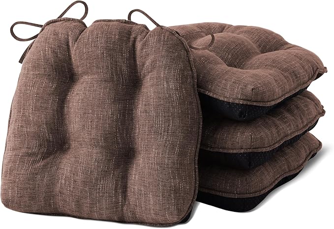 IPYNBAP Chair Cushions for Dining Chairs Set of 4, Kitchen Chair Cushions, Chair Pads with Ties and Non Slip Backing, Tufted Memory Foam Seat Cushion 4 Pack, 15.5" x 15.5" x 4", Brown