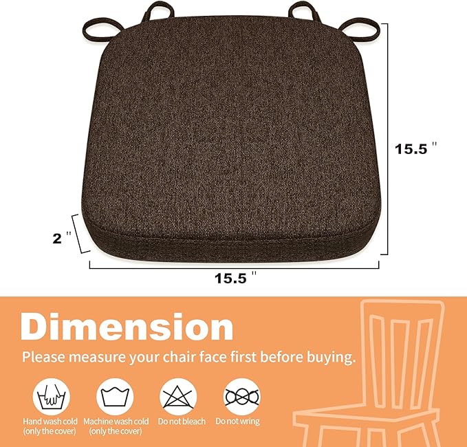 SINOSSO Memory Foam Chair Cushions for Folding Chairs 4 Pack, Thickened 2" Square Pads with Ties for Kitchen Chairs, Indoor Non-Slip Dining Chair Seat Cushions (Set of 4, Dark Brown)