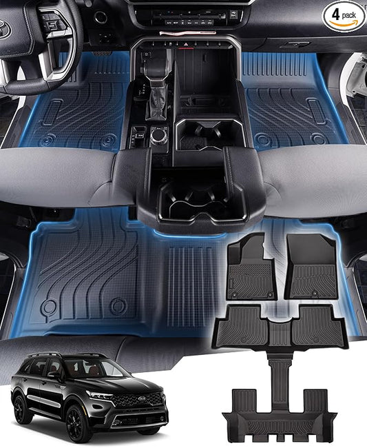 Sunsdrew Floor Mats for 2021-2025 2026 Kia Sorento Accessories (6/7 Seat, Not for Hybrid), All Weather Car Mats Front Rear 3 Rows Floor Liners TPE Rubber Raised Edge