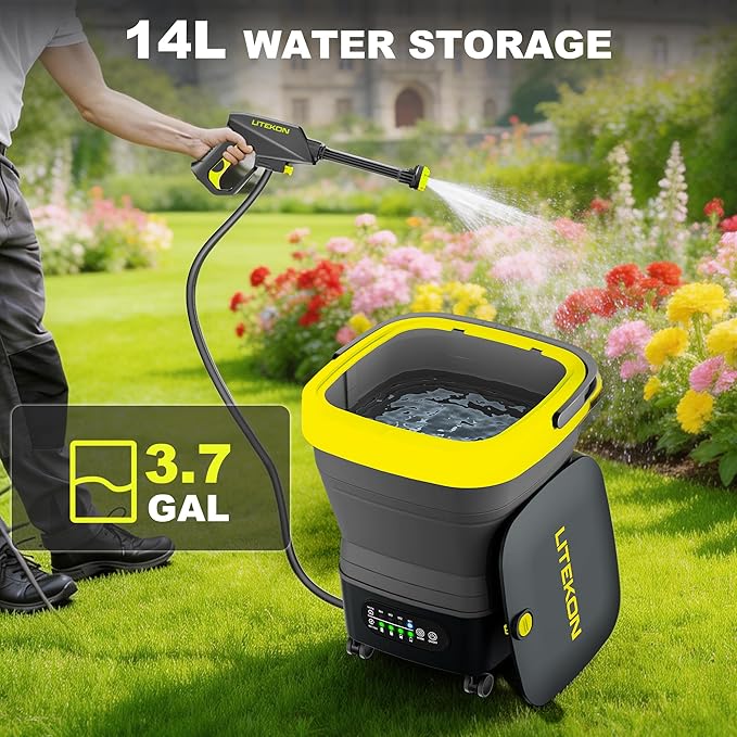 Litekon Portable Cordless Washer, 2x5.0Ah Battery, 4 Adjustable Model with 4.5Gal Tank 10FT Hose, 6-in-1 Nozzle for Car Washer,Patio,Camping