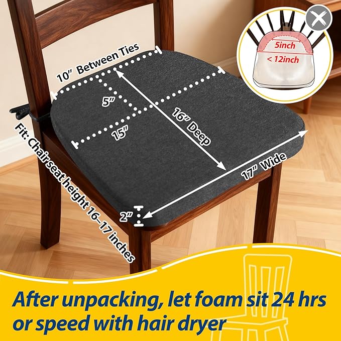 AAAAAcessories D-Shaped Chair Cushions, 2" Thick Dining Chair Pads with Ties and Removable, Machine-Washable Cover, 17" x 16", Set of 2, Dark Grey