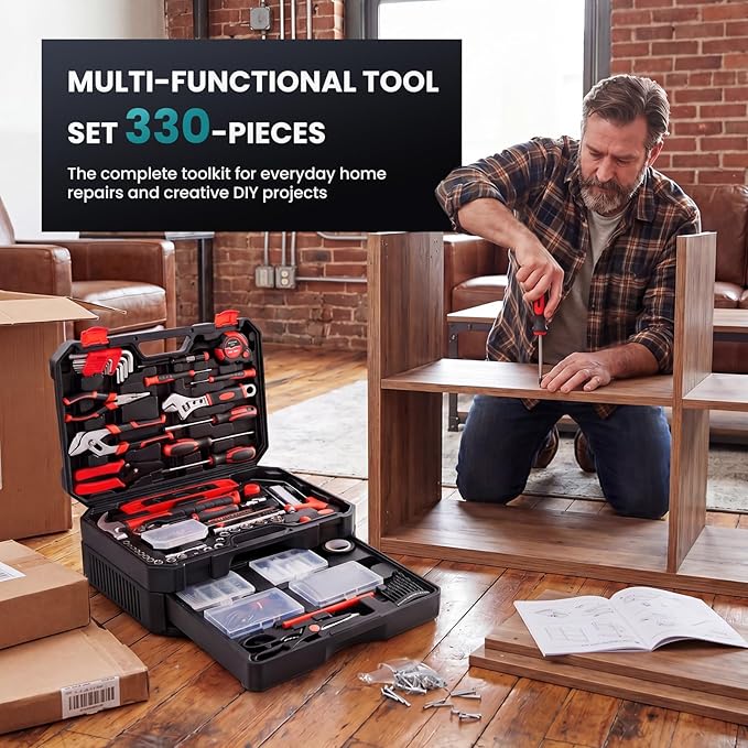 OLIXIS 330 Piece Home Repair Tool Kit with Pull-Out Drawer, Carbon & Cr-V Steel Tool Box, Complete Homeowners Tool Kit for DIY & Auto Maintenance for Home, Black-Red