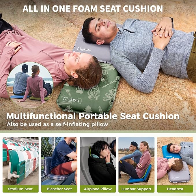 ATEPA Inflatable Seat Cushion, Compact Self-Inflating Seat Cushion for Stadium Airplane Air Travel Bleacher Camping, Blow Up Foam Seat Pad for Outdoor Sports Events Backpacking Hiking Sitting