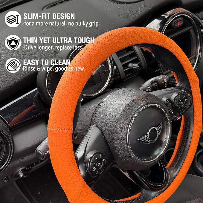 PINCTROT Nappa Leather Steering Wheel Cover with Ergonomic Palm Support Grip, Full Perforated Breathable, Slim Fit No Bulk Design, Universal 14.5-15 Inch (Hot Orange)