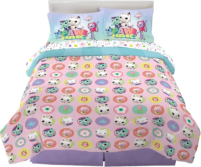 DreamWorks Gabby's Dollhouse Cakey, MerCat And Pandy Kids Bedding Super Soft Comforter And Sheet Set, 5 Piece Full Size, By Franco.