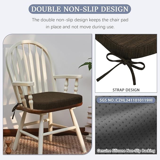 baibu Kitchen Chair Cushions Set of 2, Dual-Layer Patented Design Memory Foam Dining Chair Pads with Ties and Washable Cover, 2 Pack, 17" x 16" x 2", Dark Brown