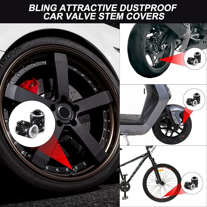 Alpmosn Car Wheel Tire Valve Caps, 4 PCS Bling Tire Valve Caps, Crystal Tire Caps Shinny Rhinestone for Women, Universal Car Dustproof Tire Valve Caps for Cars, Trucks, SUV and Motorcycles (Black)