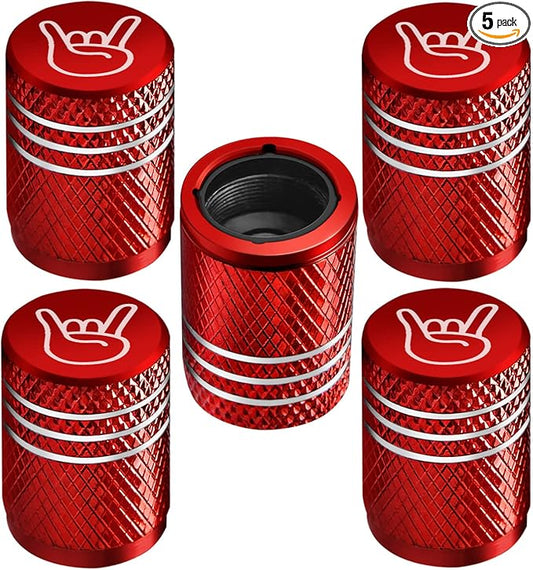 Tire Valve Stem Caps for Car Tire Cap 5 Pack Corrosion Resistant Leak-Proof Premium Alloy Rock & Roll Universal for Car Bike Truck Motorcycle Red