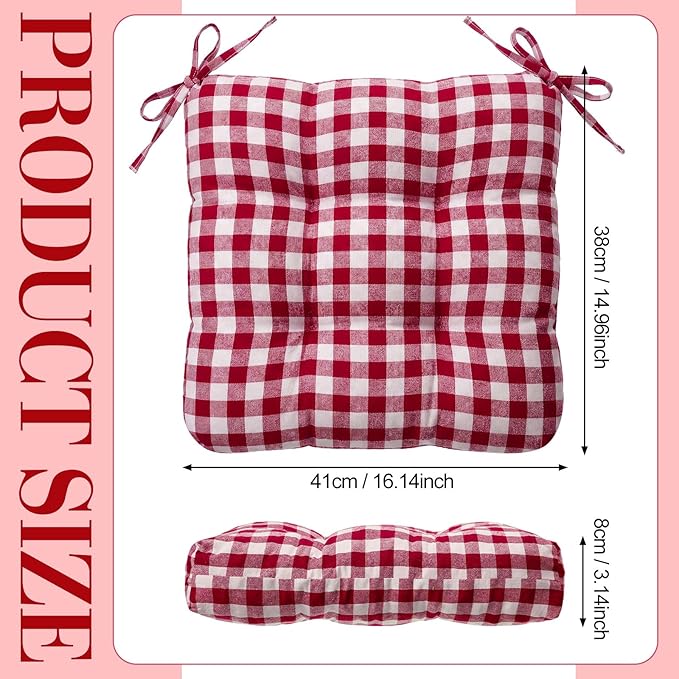 Geetery 4 Pack Chair Cushions for Dining Chairs, 16" x 15" Wine Red and White Kitchen Chair Cushions with Ties Buffalo Plaid Soft Comfy Seat Pads for Home Office Living Room Outdoor Indoor