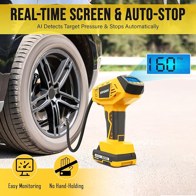 Tire Inflator Portable Air Compressor - 4X Faster Inflation, 160PSI Cordless Tire Pump with Dual Power (20V Battery & 12V DC), Auto Shut Off, Digital Gauge for Car, Motorcycle, E-Bike