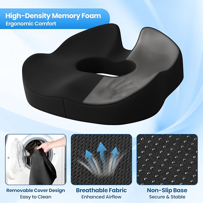 SweetSlubr Large Donut Pillow Seat Cushion for Hemorrhoid Discomfort&Tailbone Pressure, Office Chair Cushion for Long Sitting, Ergonomic Coccyx Pillow for Postpartum Pregnancy, (Black, X-Large)
