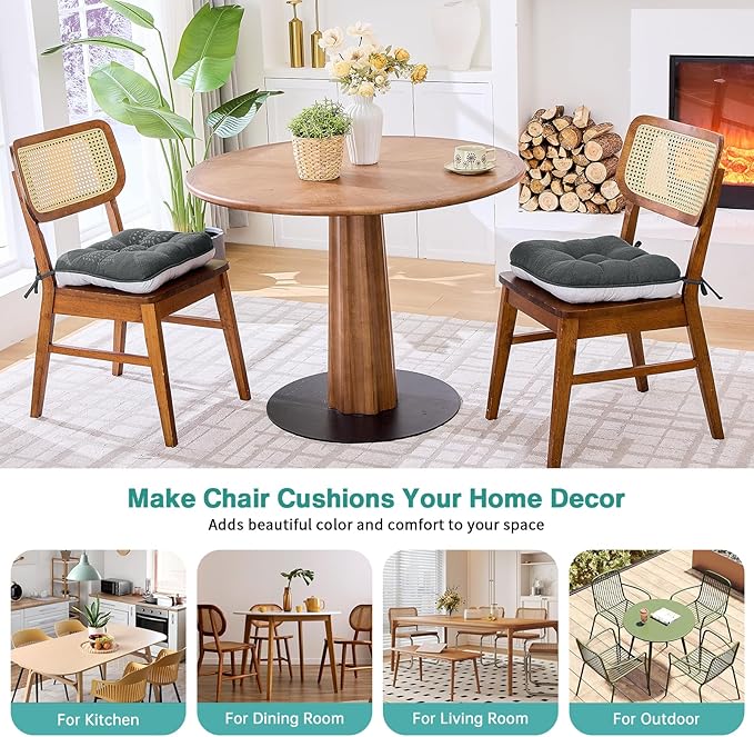 BETU Chair Cushions for Dining Chairs Set of 2,3.5" Thick Kitchen Table Chair Pads with Ties,Non Slip Backing and Covers, Seat Cushion for Dining Room,Bar,Patio Chairs,15.5"X15.5"X3.5",Dark Grey